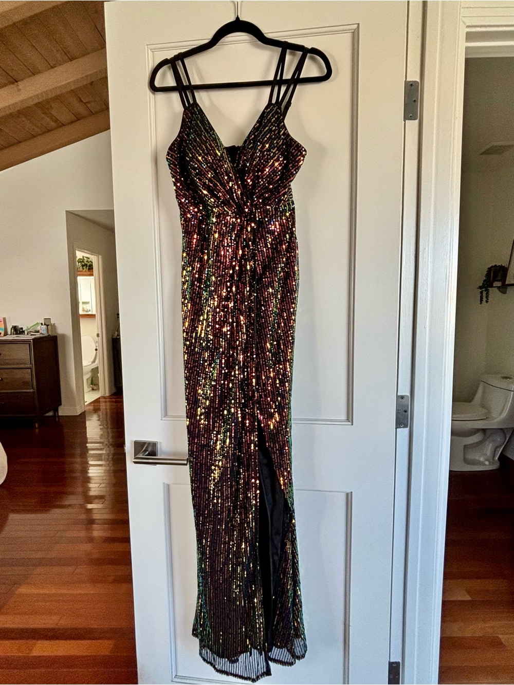 Iridescent Black Sequin Prom Dress with Double Straps